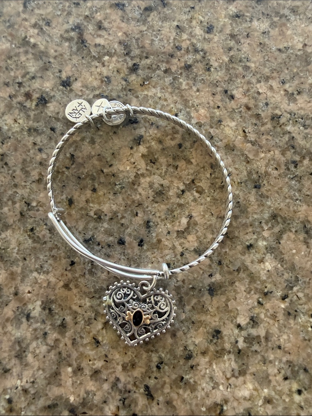 Alex and Ani Silver Filigree Heart Bracelet with Black Accent